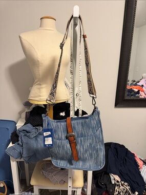 Denim Shoulder Bag with Brown Leather Accent Strap
